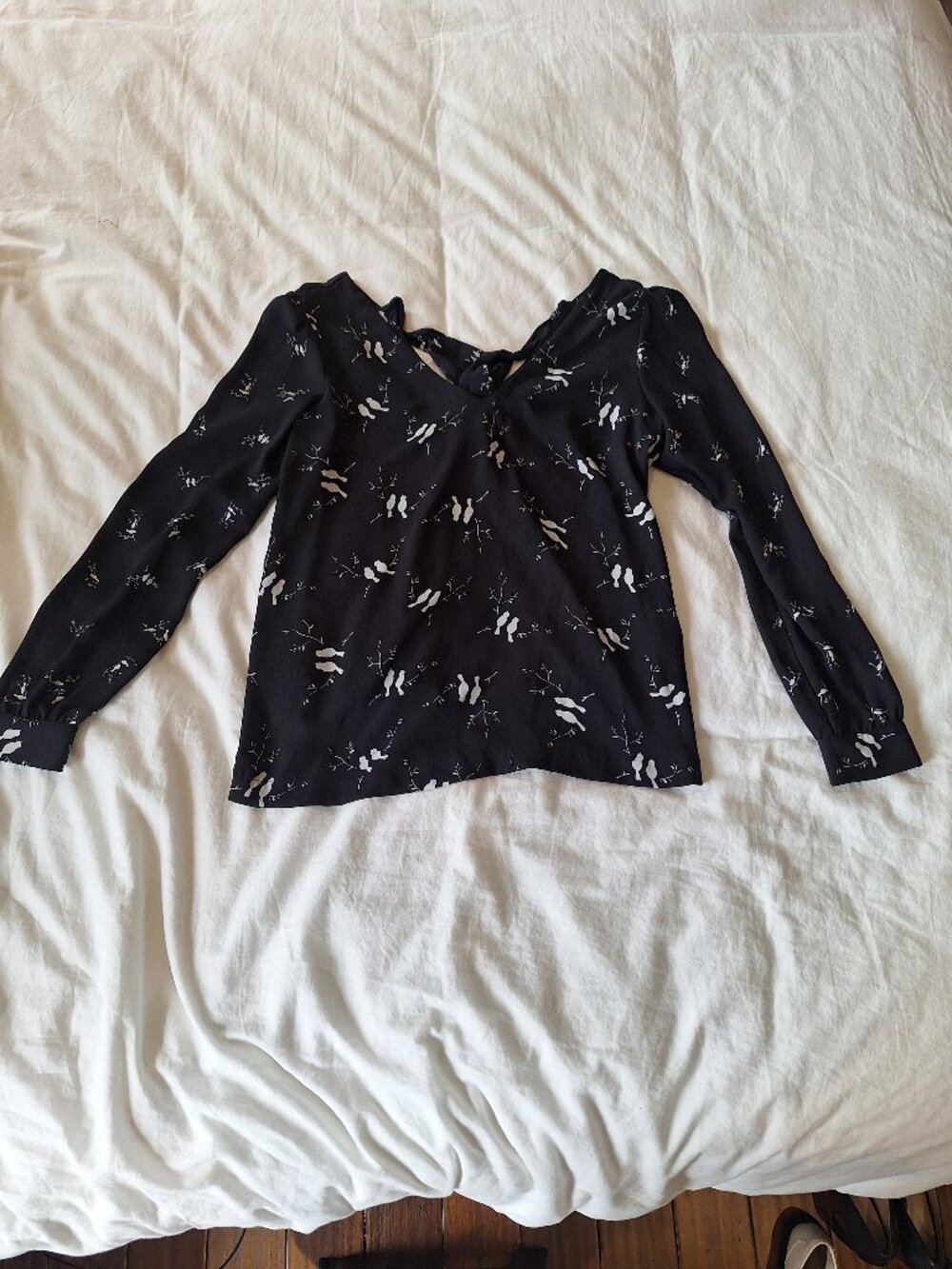 Loft Black shirt with small white bird pattern